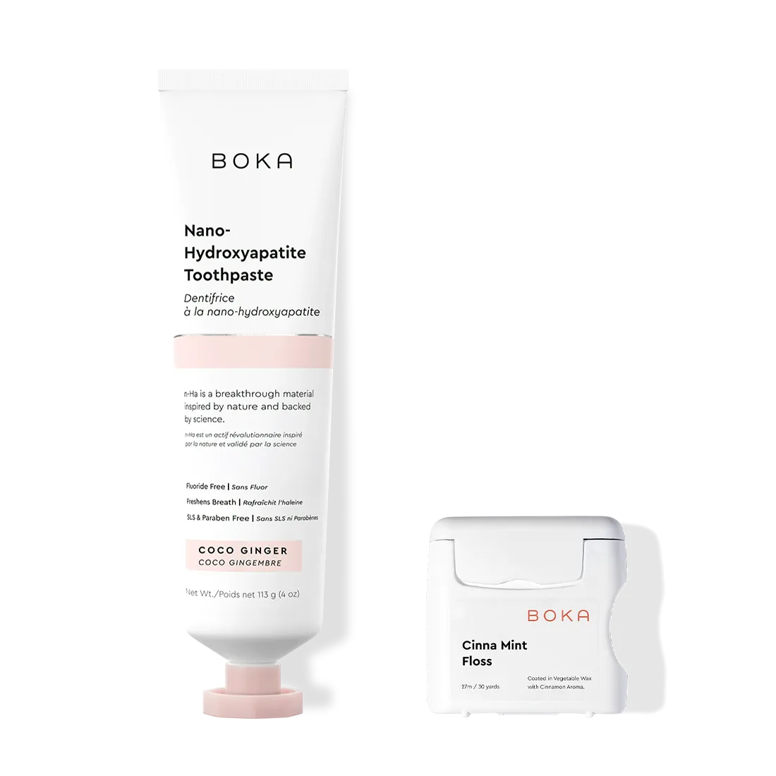 Boka Nano Hydroxyapatite Toothpaste and Cina Mint Floss on a white background