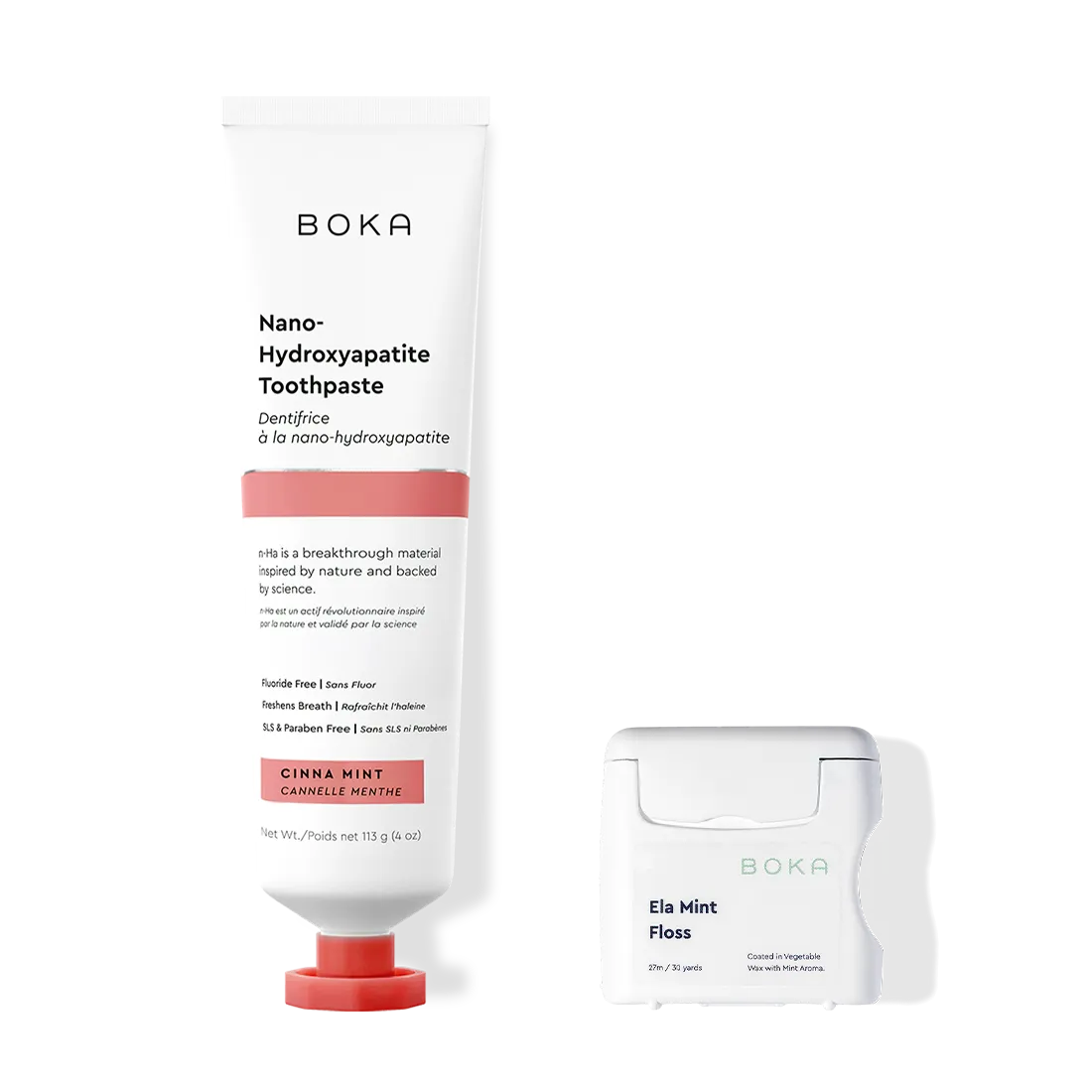 Boka Nano-Hydroxyapatite Toothpaste and Floss on a white background
