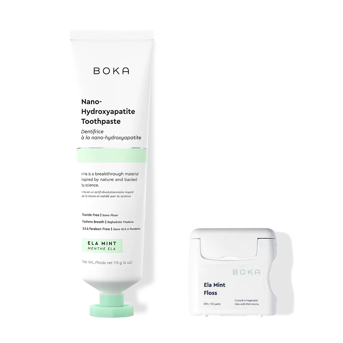 Boka Nano-Hydroxyapatite Toothpaste and Ela Mint Floss on a white background