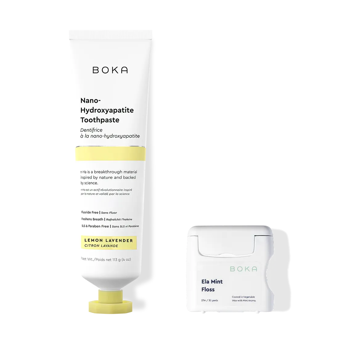 Boka Nano Hydroxyapatite Toothpaste and Ela Mint Floss on a white background