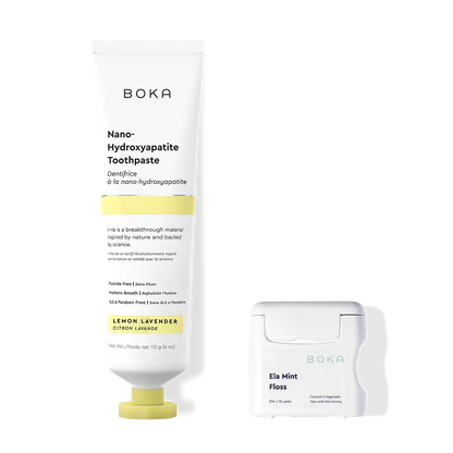Boka Nano Hydroxyapatite Toothpaste and Ela Mint Floss on a white background