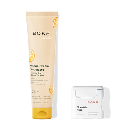 Boka Kids Orange Cream Toothpaste and Cinna Mint Floss on a white background