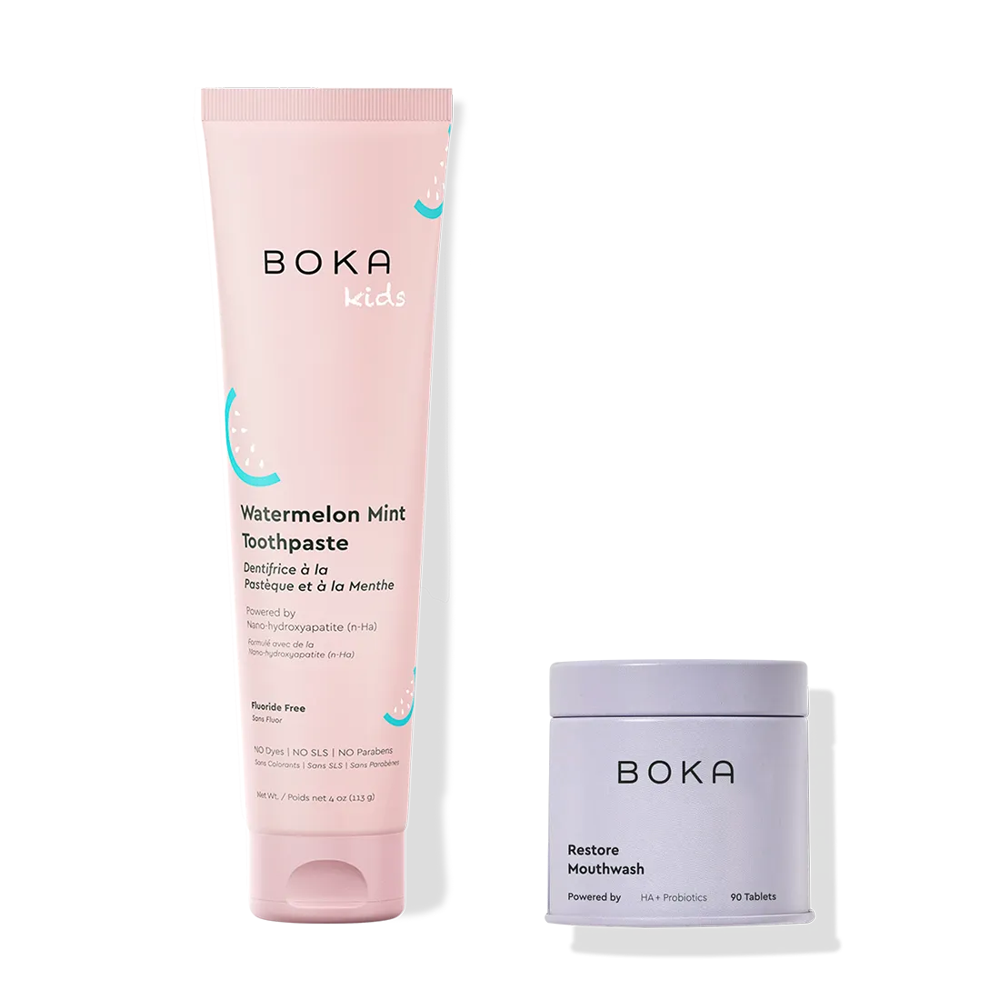 Boka Kids watermelon mint toothpaste and mouthwash on a white background