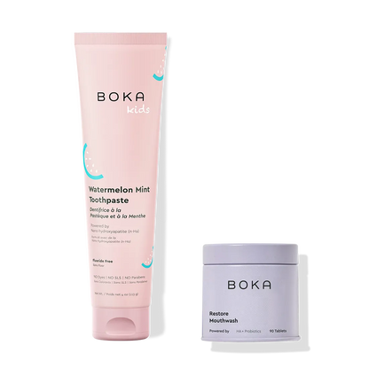 Boka Kids watermelon mint toothpaste and mouthwash on a white background