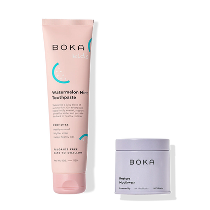 The Mighty Duo supports a healthy oral microbiome, with toothpaste and mouthwash tablets side by side.
