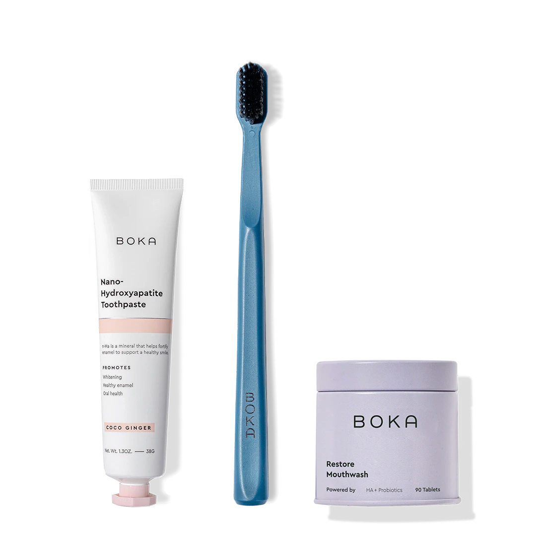 Fresh on the Go: nano-hydroxyapatite toothpaste, charcoal-bristle toothbrush, and mouthwash tablets.