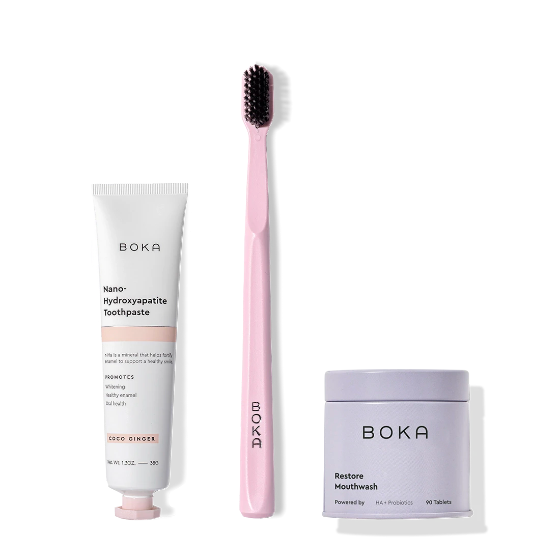 Fresh on the Go: nano-hydroxyapatite toothpaste, charcoal bristle toothbrush, and mouthwash tablets.