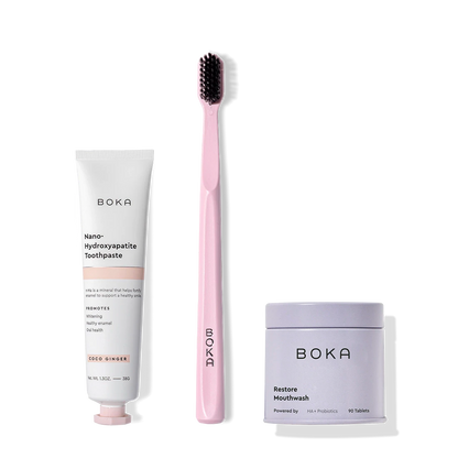 Fresh on the Go: nano-hydroxyapatite toothpaste, charcoal bristle toothbrush, and mouthwash tablets.