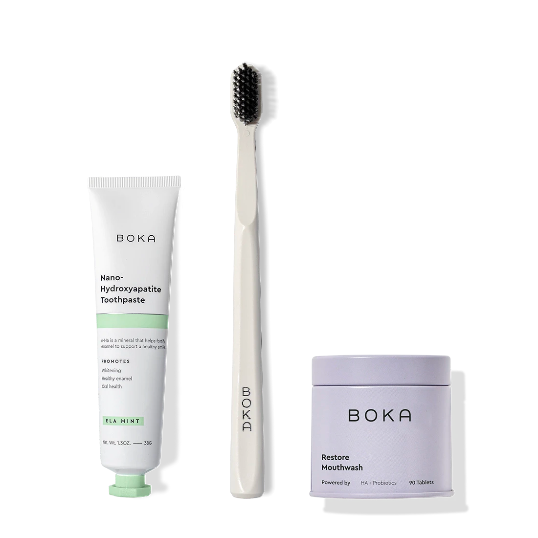 Fresh on the Go: nano-hydroxyapatite toothpaste, charcoal bristle toothbrush, and mouthwash tablets.