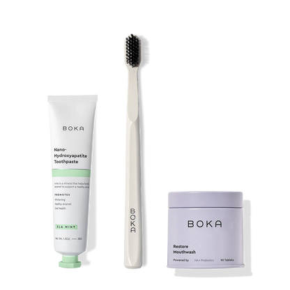 Fresh on the Go: nano-hydroxyapatite toothpaste, charcoal bristle toothbrush, and mouthwash tablets.