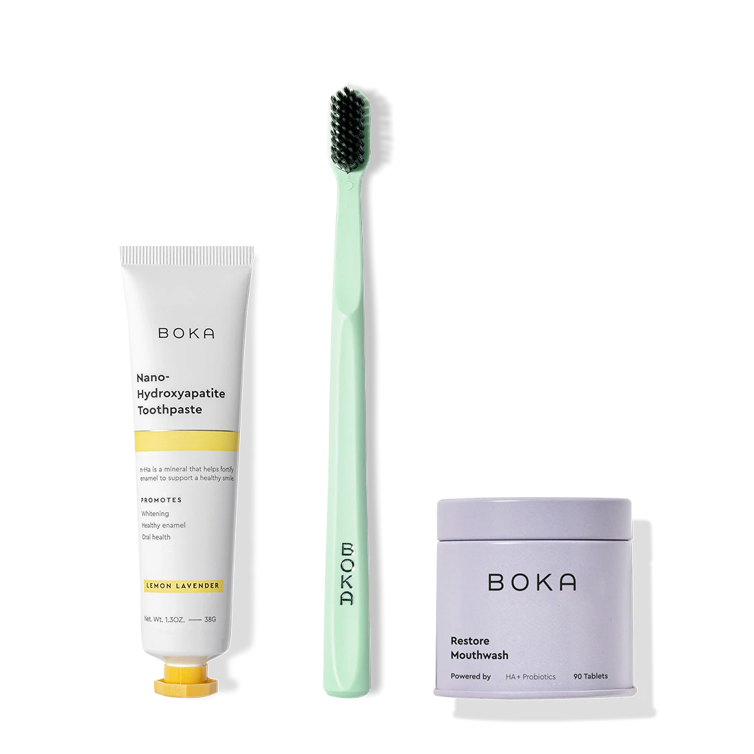 Fresh on the Go: nano-hydroxyapatite toothpaste, green charcoal bristle brush, and mouthwash tablets.