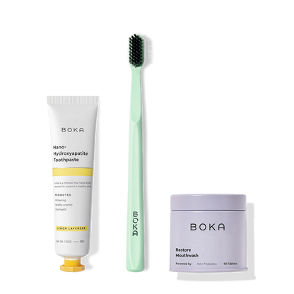 Fresh on the Go: nano-hydroxyapatite toothpaste, green charcoal bristle brush, and mouthwash tablets.