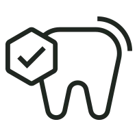 Icon of a tooth with a hexagon and check mark inside it on a white background