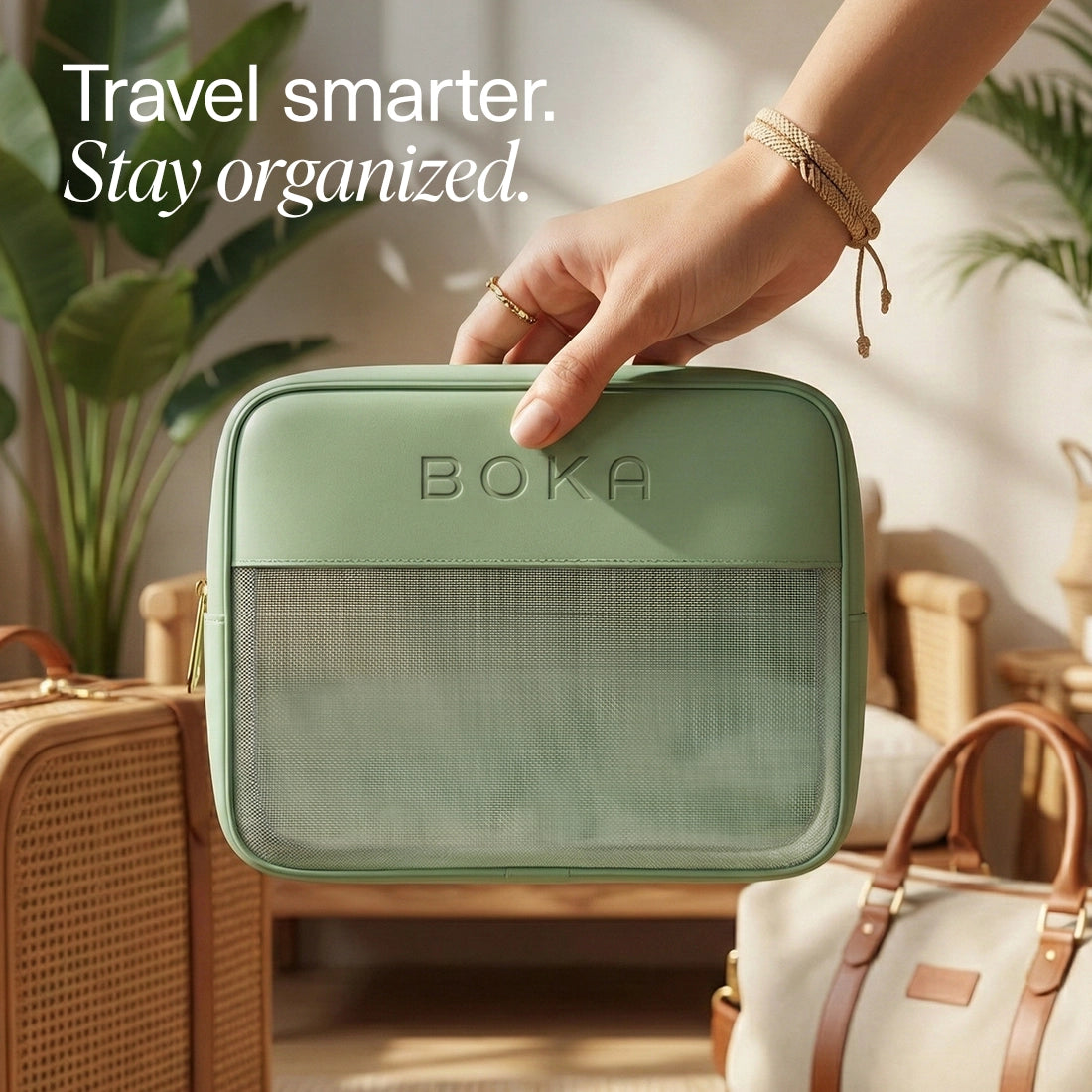 Green travel organizer with 'Boka' branding held by a hand, surrounded by suitcases and plants.