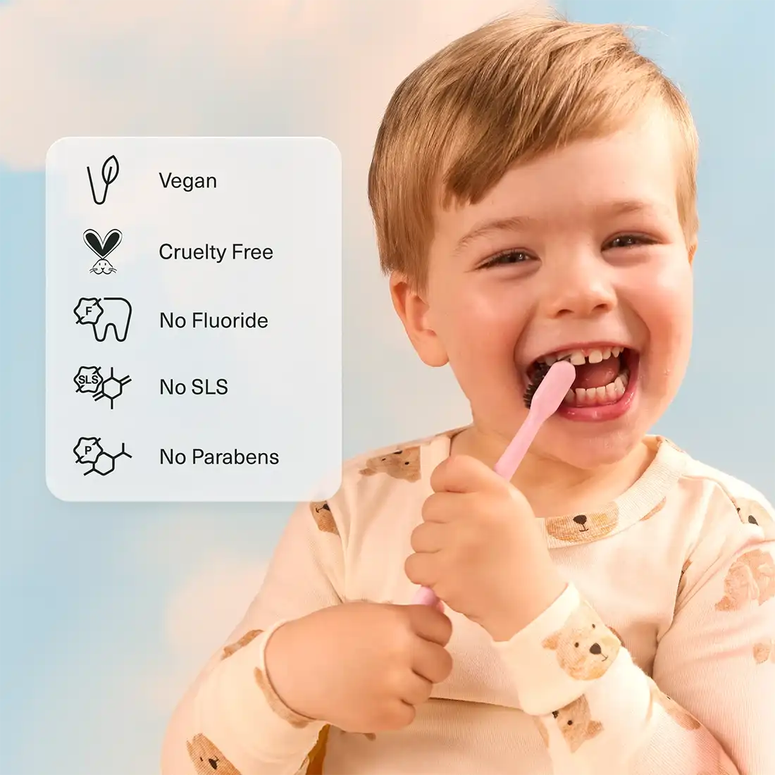 Child brushing teeth with a list of product features on the left