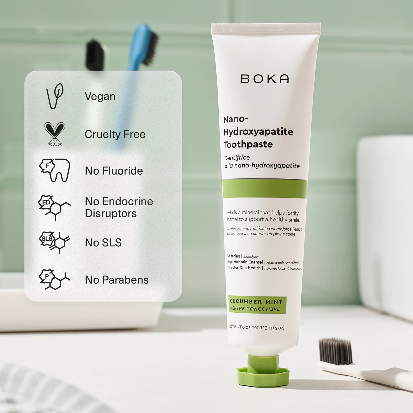 A tube of Cucumber Mint n-Ha Toothpaste with clean, vegan, fluoride-free ingredients.