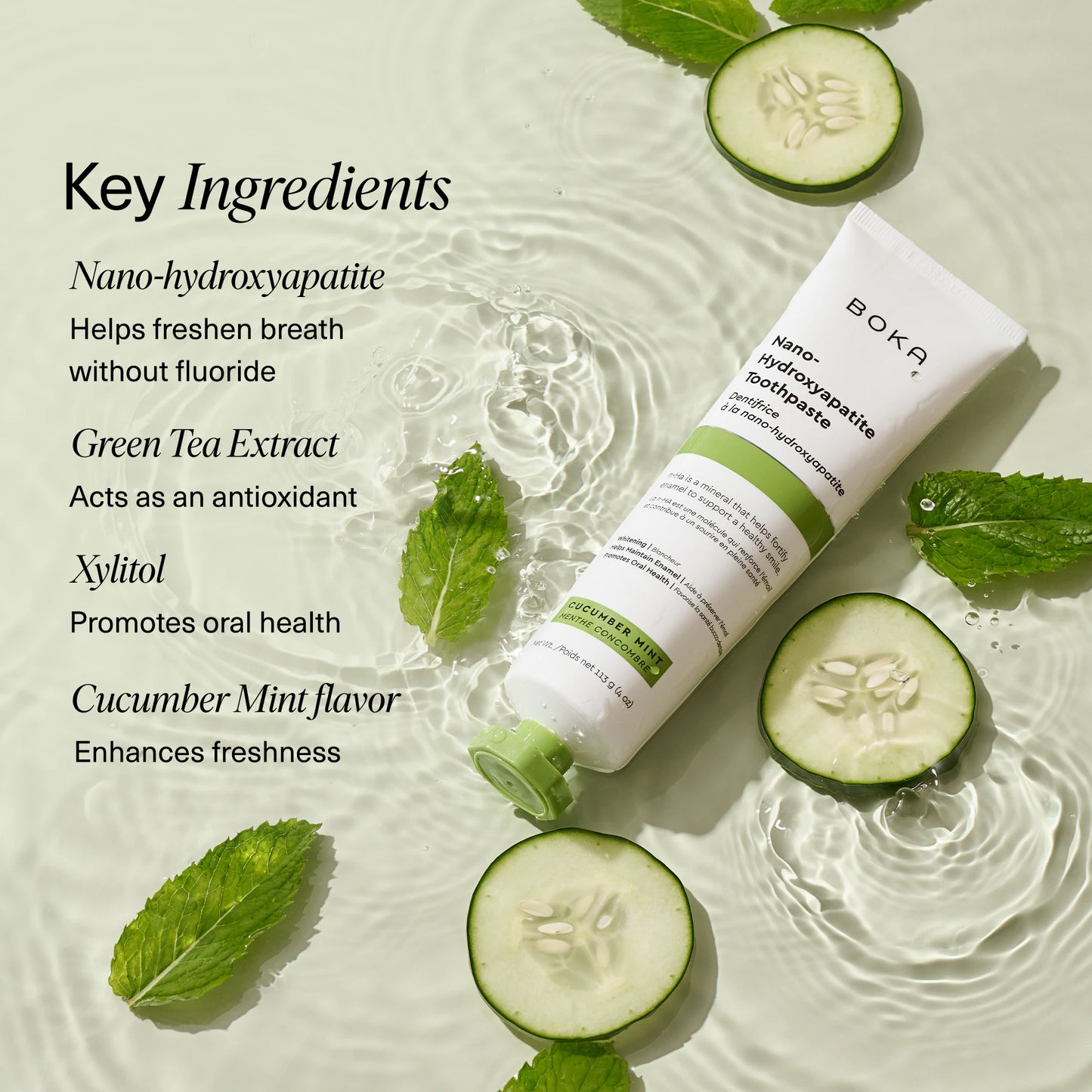 Cucumber Mint n-Ha Toothpaste tube with cucumber, mint, and ingredients on rippled water.