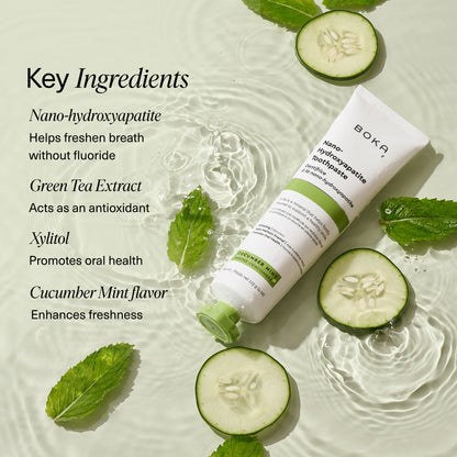 Cucumber Mint n-Ha Toothpaste tube with cucumber, mint, and ingredients on rippled water.