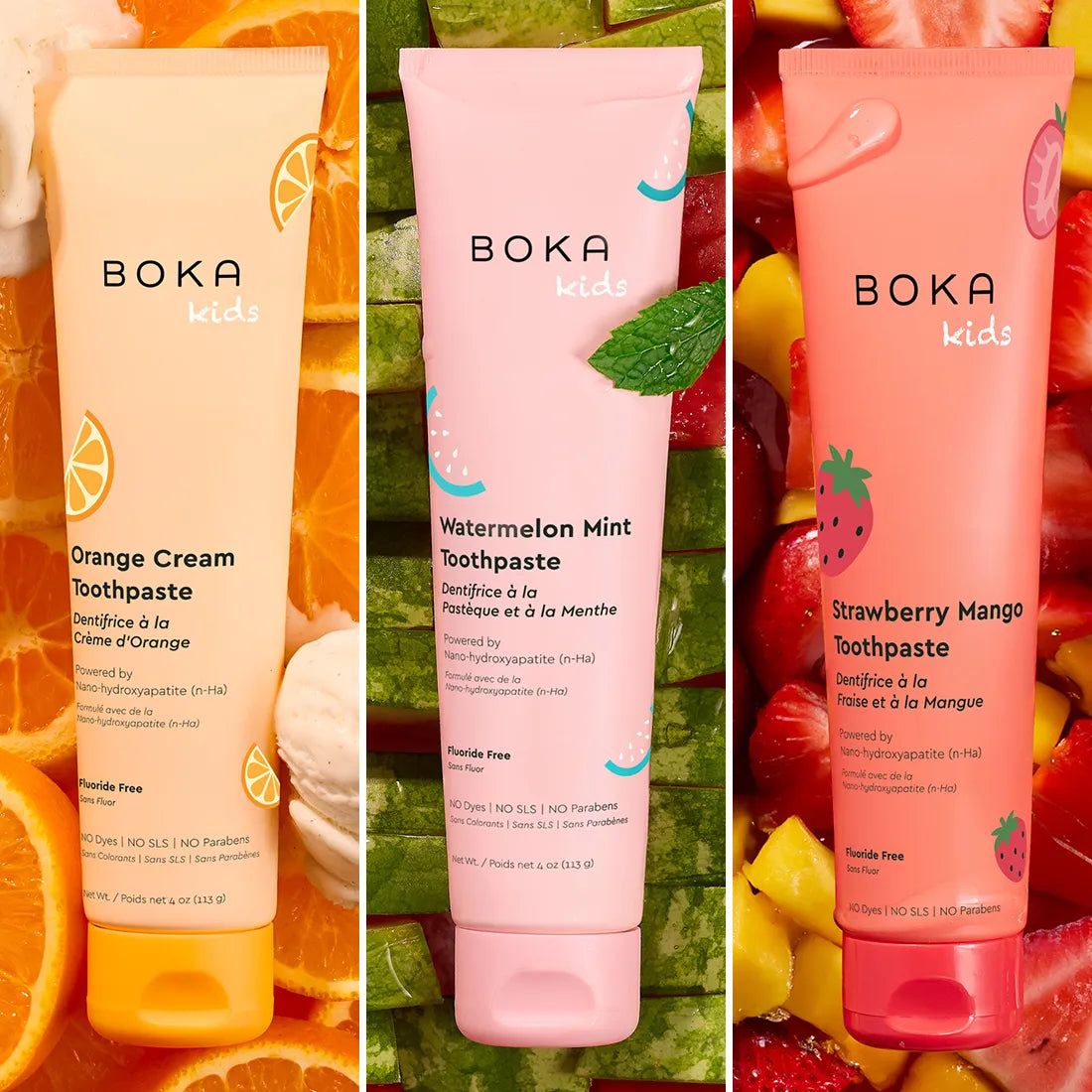 Three Boka Kids toothpaste tubes with fruit-themed designs on a colorful background.