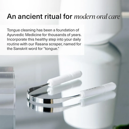 Rasana tongue scraper with text about Ayurvedic medicine and modern oral care.