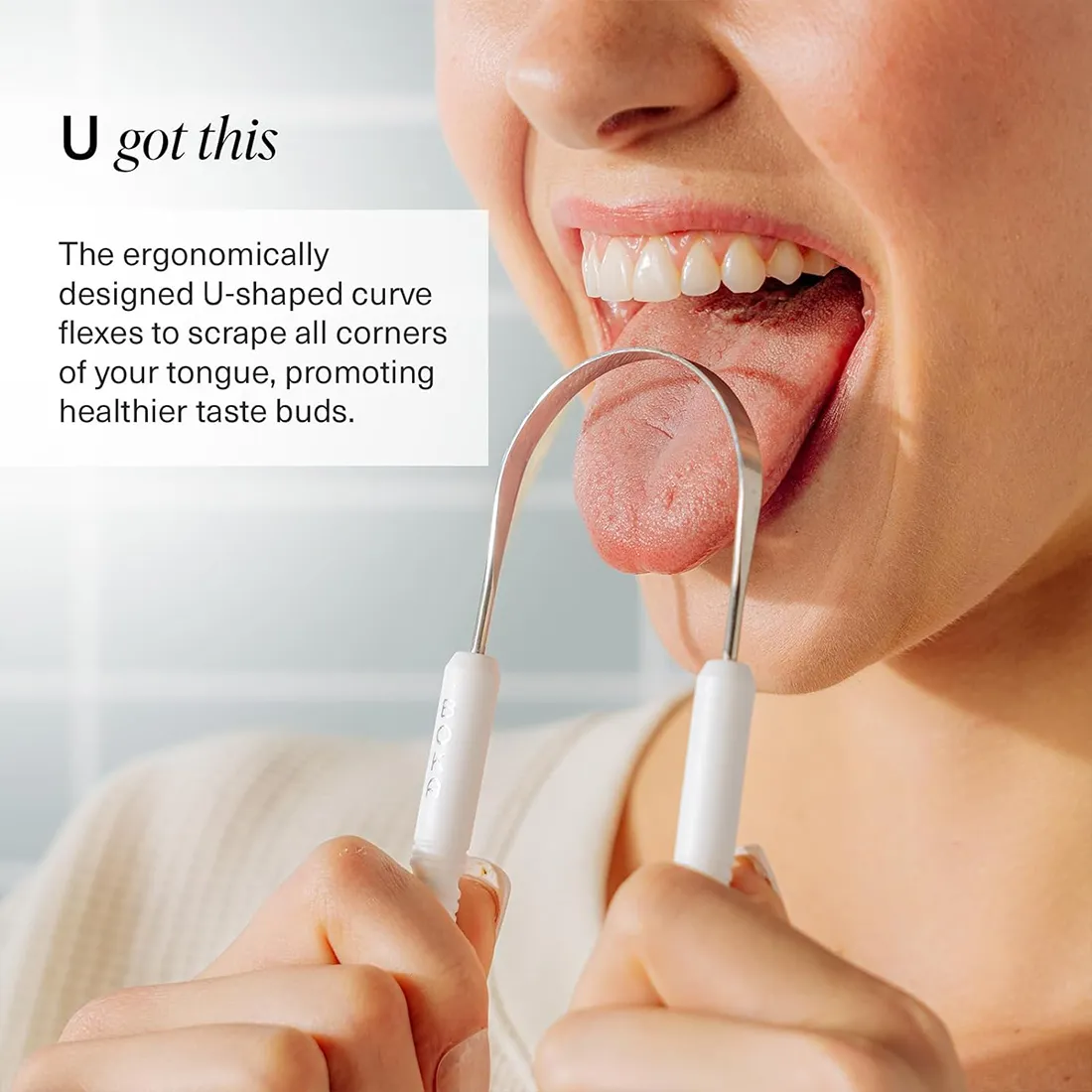 Person using a tongue scraper with text about its design and benefits.
