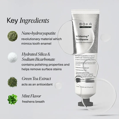 Boka Whitening Toothpaste with key ingredients listed on a gray background