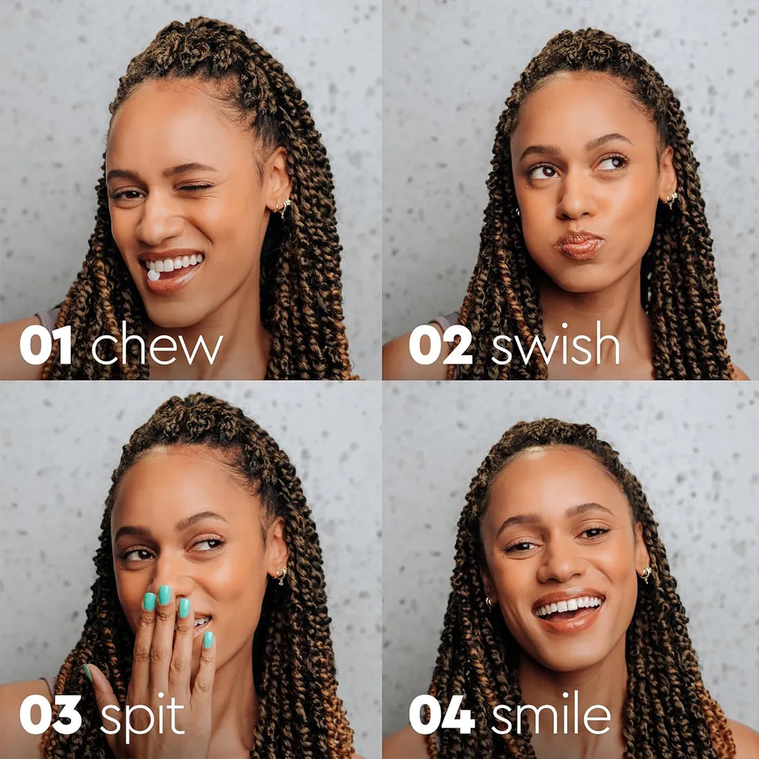 Four expressions of a woman with braided hair on a gray background