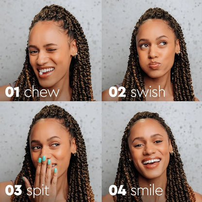 Four expressions of a woman with braided hair on a gray background