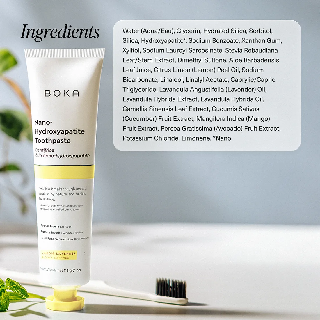 Boka toothpaste tube with ingredient list on a blurred background