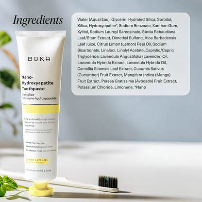 Boka toothpaste tube with ingredient list on a blurred background
