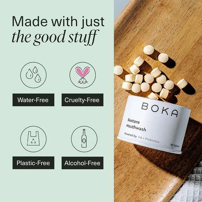 Boka mouthwash tablets on a wooden surface with product packaging, alongside 'Made with just the good stuff' text and icons.