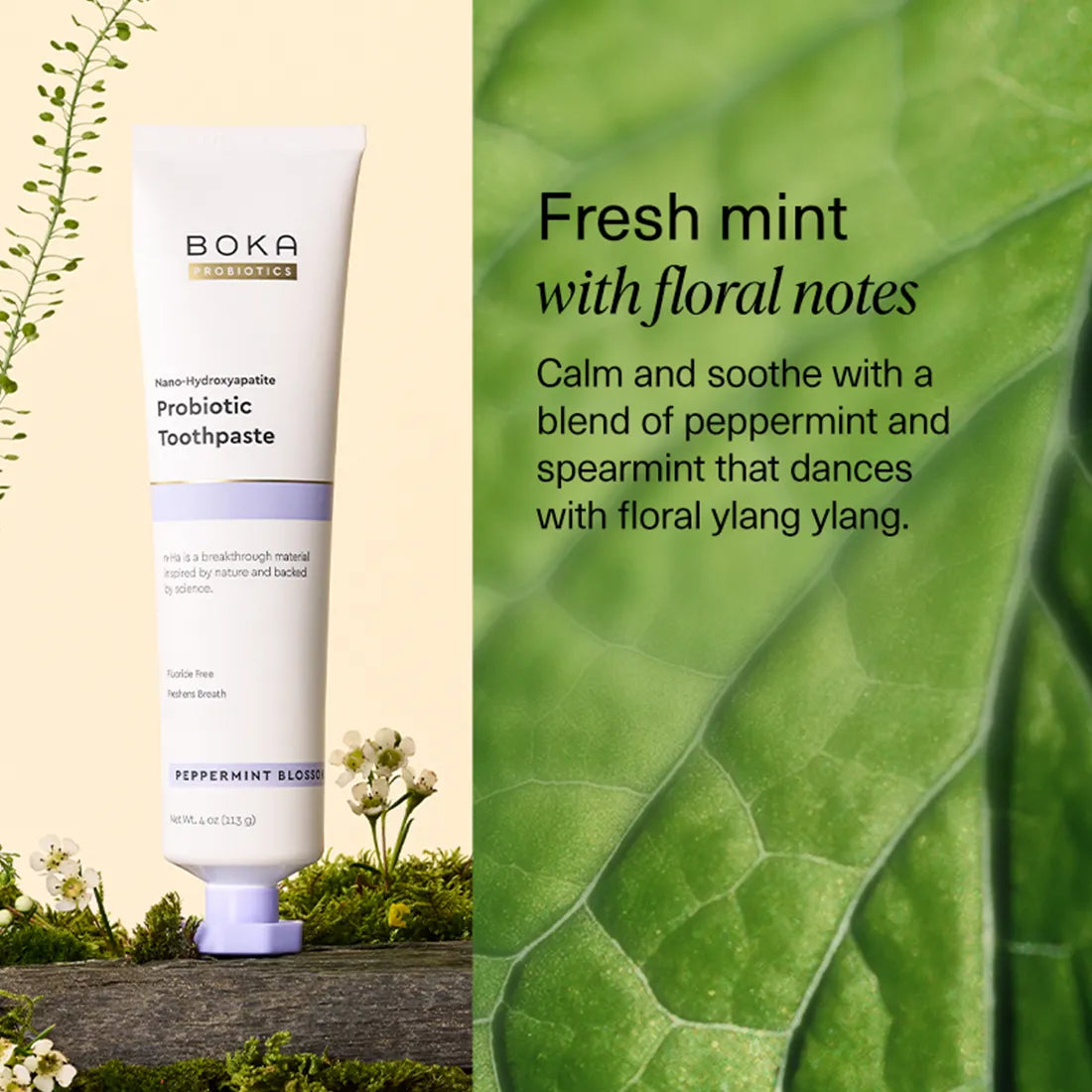 Boka Probiotic Toothpaste with a green leaf background and text about mint and floral notes.