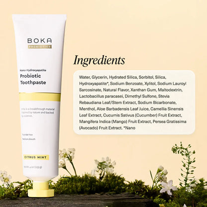 Boka Probiotic Toothpaste with ingredient list on a natural background