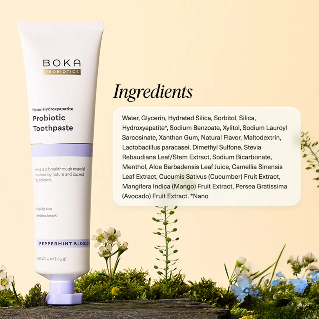 Boka Probiotic Toothpaste with ingredients list on a natural background