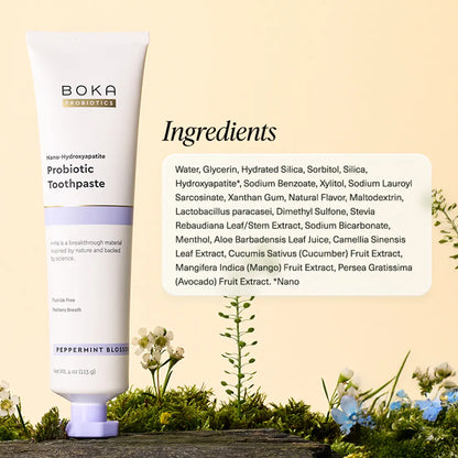 Boka Probiotic Toothpaste with ingredients list on a natural background