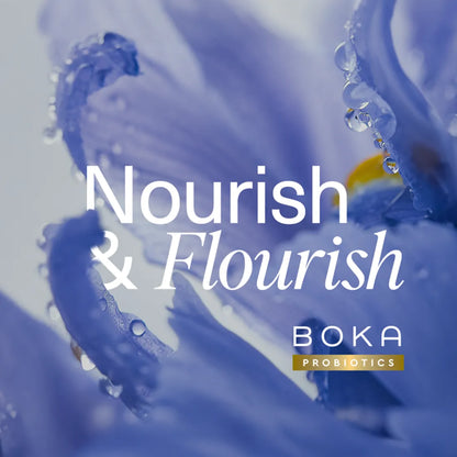 Boka Probiotics advertisement with 'Nourish & Flourish' text and a close-up of hands washing dishes.