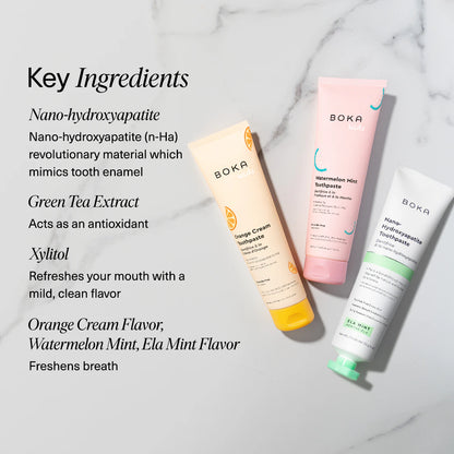 Boka toothpaste tubes on a textured towel with mint leaves, alongside key ingredients listed