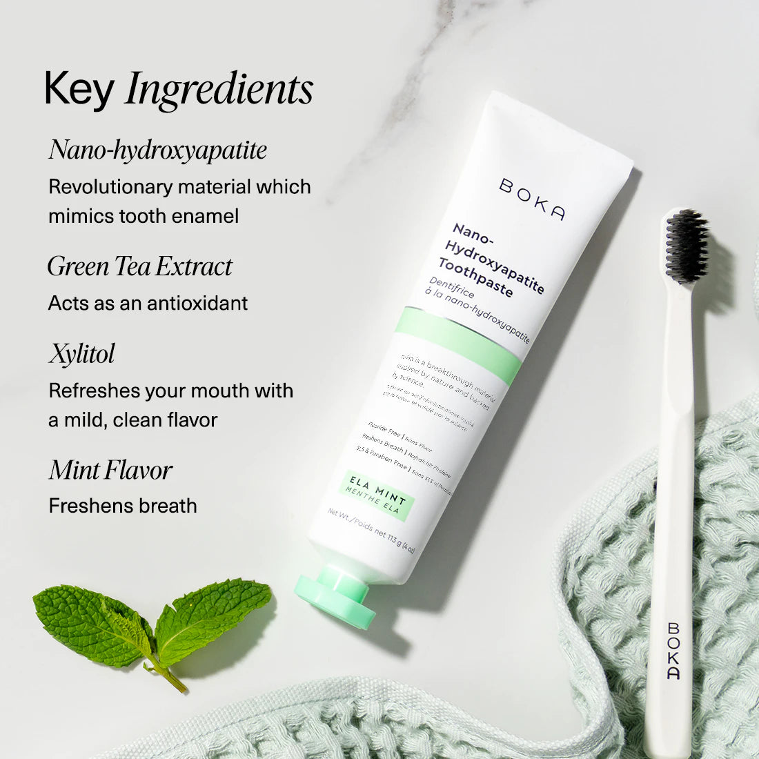 Boka Nano-Hydroxyapatite Toothpaste with key ingredients listed on a white background