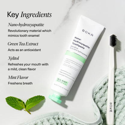 Boka Nano-Hydroxyapatite Toothpaste with key ingredients listed on a white background