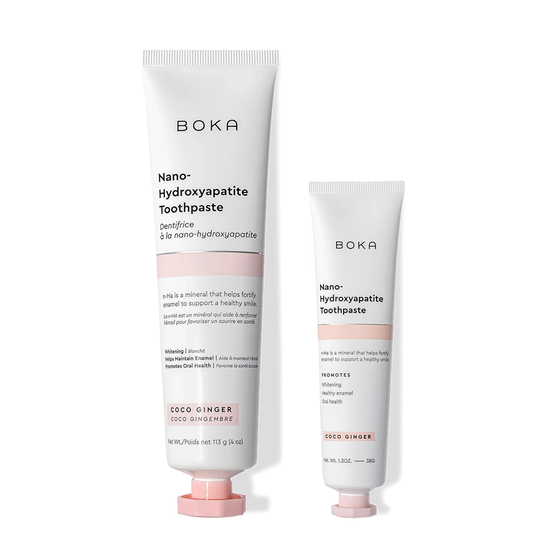 Two tubes of Boka Home & Away nano-hydroxyapatite Coco Ginger toothpaste to fortify enamel.