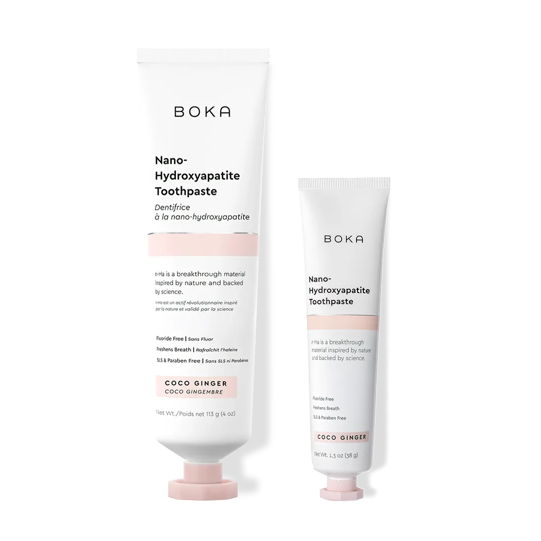 Home & Away: Two Boka toothpaste tubes with nano-hydroxyapatite, shown on a white background.