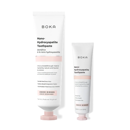 Home & Away: Two Boka toothpaste tubes with nano-hydroxyapatite, shown on a white background.