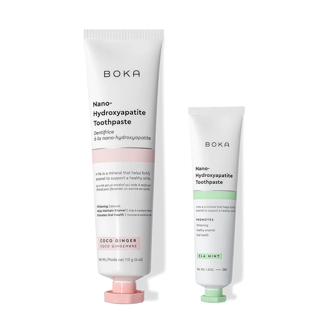 Two Home & Away toothpaste tubes side by side to fortify enamel with nano-hydroxyapatite care.