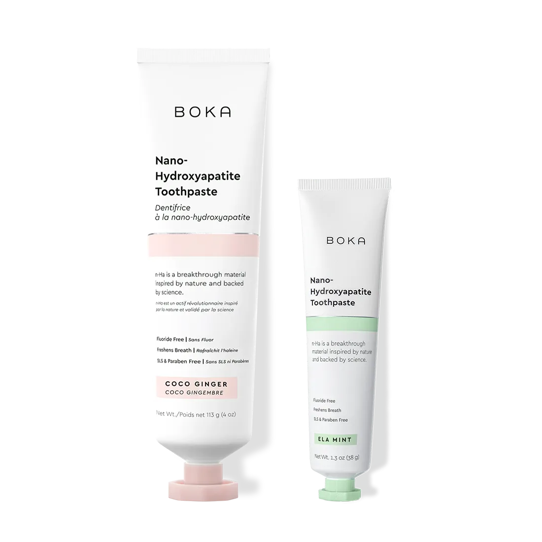 Home & Away: Two Boka toothpaste tubes with nano-hydroxyapatite, shown on a white background.