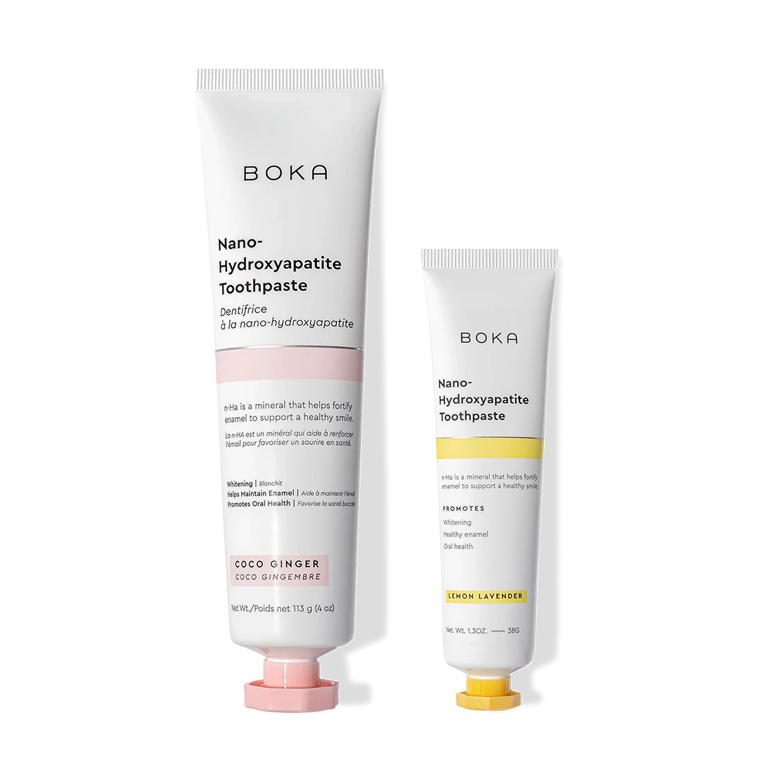 Two Home & Away toothpaste tubes with nano-hydroxyapatite to strengthen enamel, side by side.