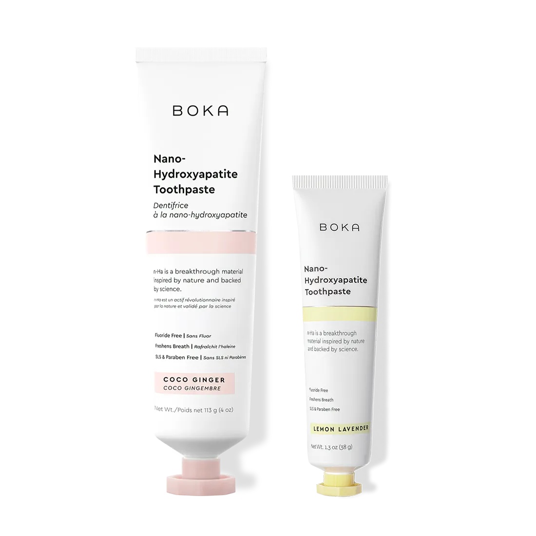Home & Away: Two Boka toothpaste tubes with nano-hydroxyapatite, shown on a white background.