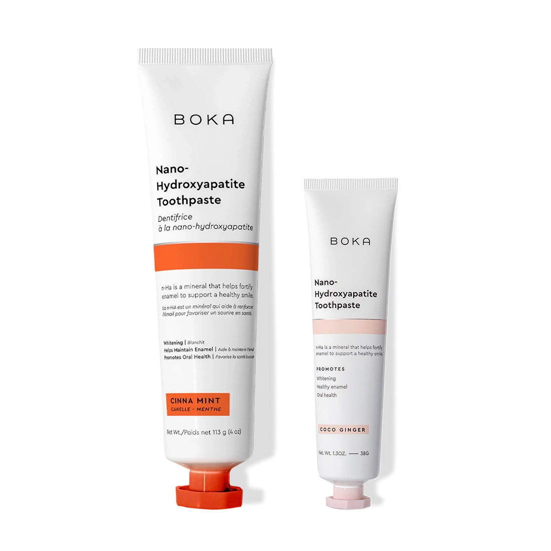 Two Home & Away nano-hydroxyapatite toothpastes: Cinna Mint and Coco Ginger flavors.