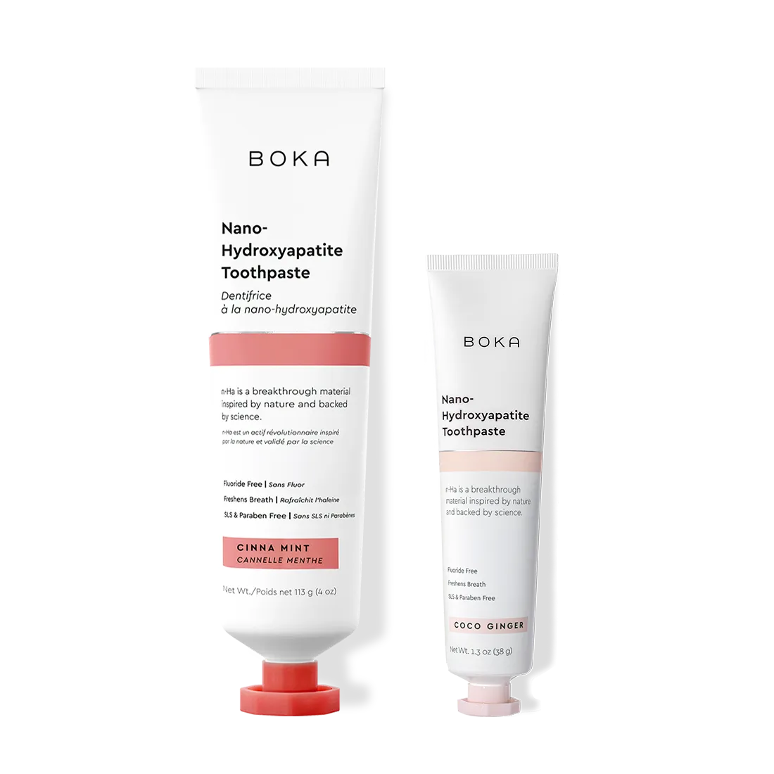 Home & Away: Two Boka toothpaste tubes with nano-hydroxyapatite, shown on a white background.
