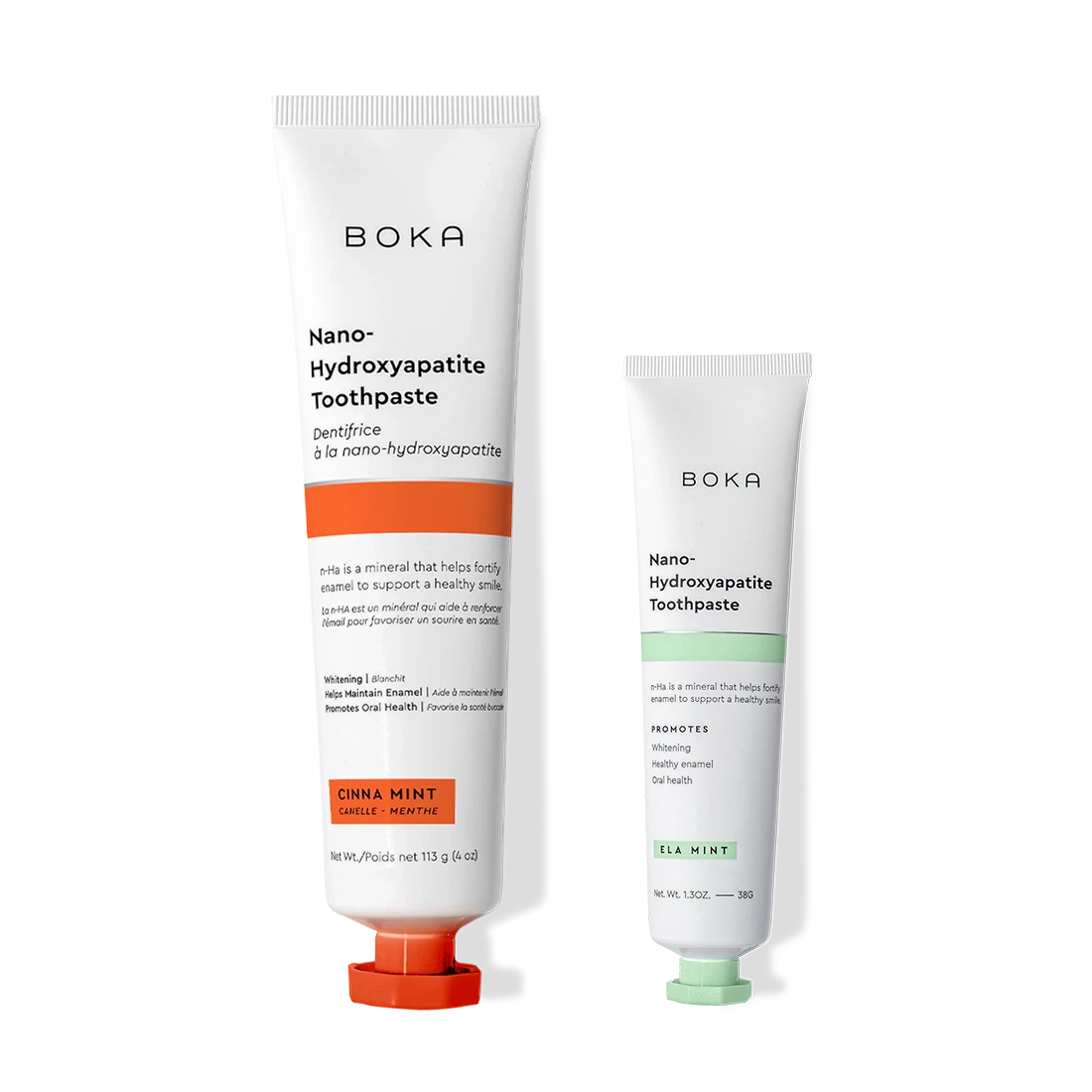 Home & Away: Two Boka toothpaste tubes with nano-hydroxyapatite, shown on a black background.
