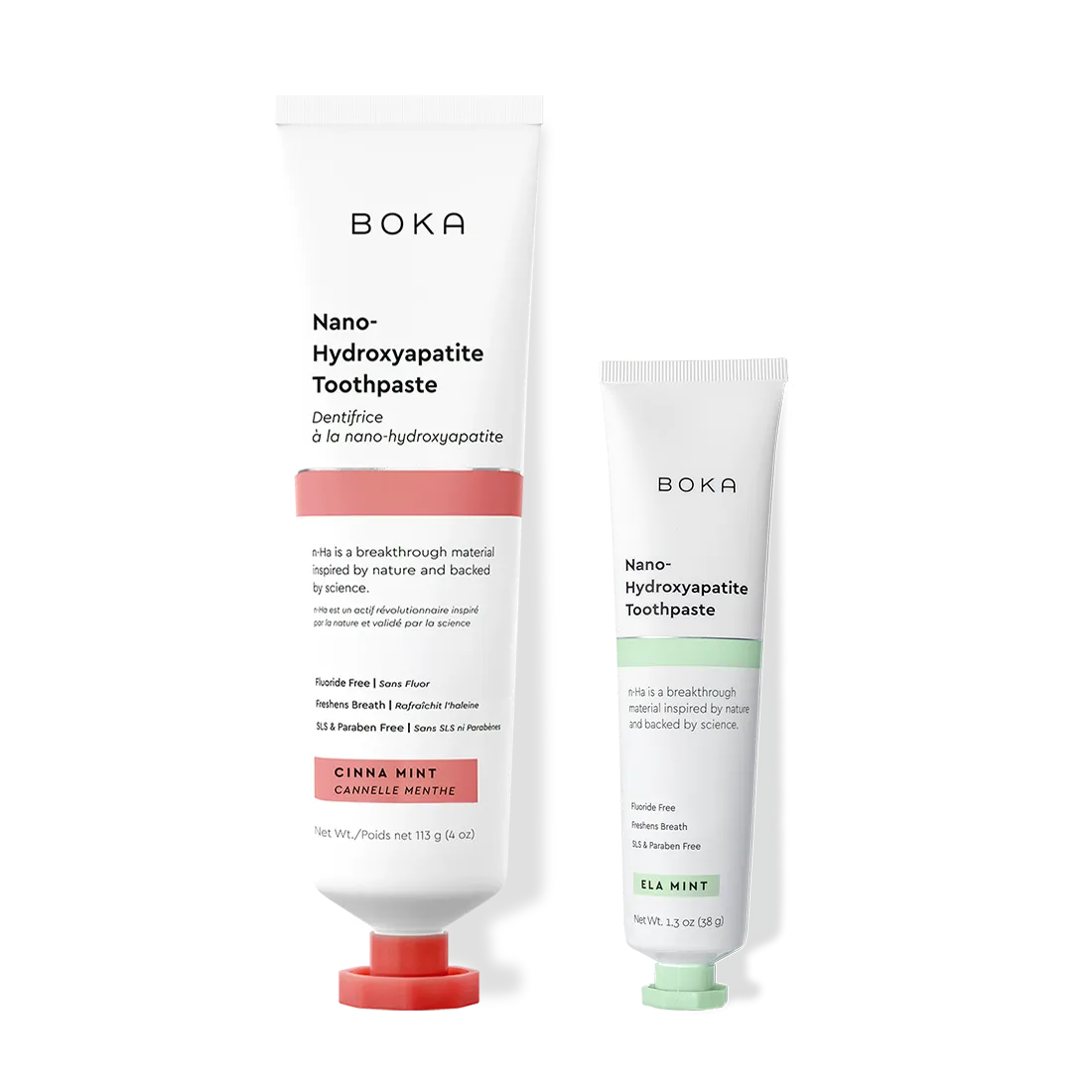 Home & Away: Two Boka toothpaste tubes with nano-hydroxyapatite, shown on a white background.